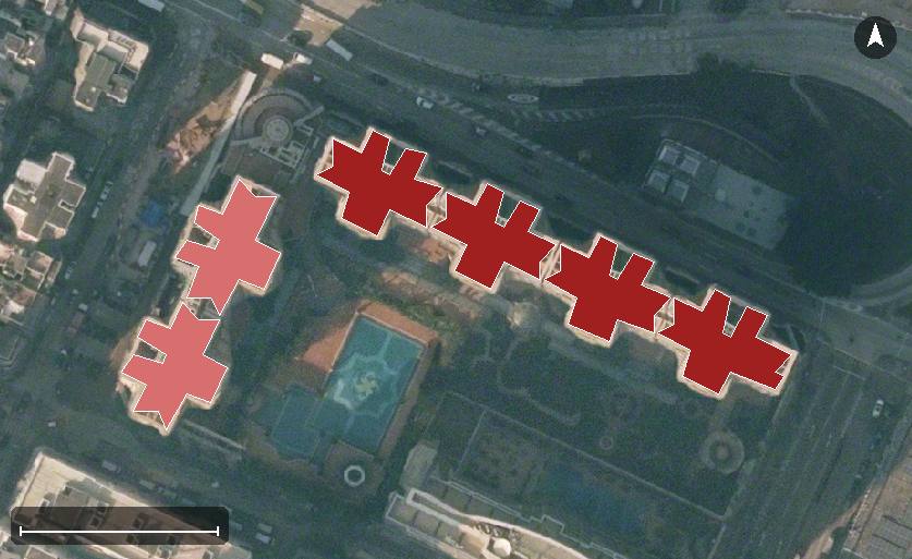 傲雲峰航空影像，6 座樓宇輪廓按風水評分上色，綠色分高、紅色分低