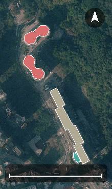 勵德邨航空影像，4 座樓宇輪廓按風水評分上色，綠色分高、紅色分低