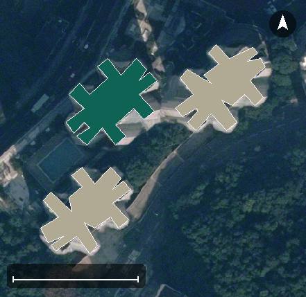 南濤閣航空影像，3 座樓宇輪廓按風水評分上色，綠色分高、紅色分低