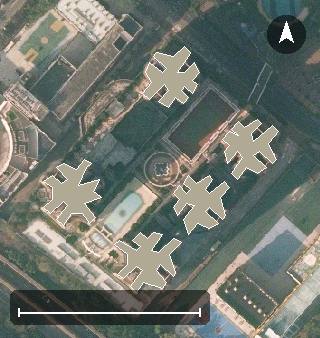 南豐廣場航空影像，5 座樓宇輪廓按風水評分上色，綠色分高、紅色分低