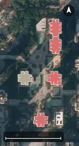 大埔廣場航空影像，7 座樓宇輪廓按風水評分上色，綠色分高、紅色分低