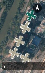 天澤邨航空影像，6 座樓宇輪廓按風水評分上色，綠色分高、紅色分低