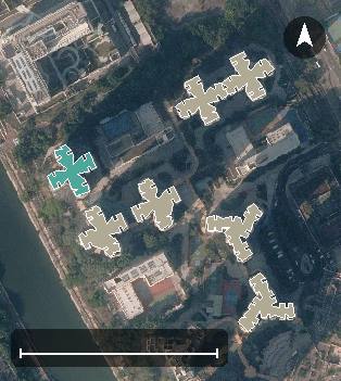 天瑞一邨航空影像，7 座樓宇輪廓按風水評分上色，綠色分高、紅色分低