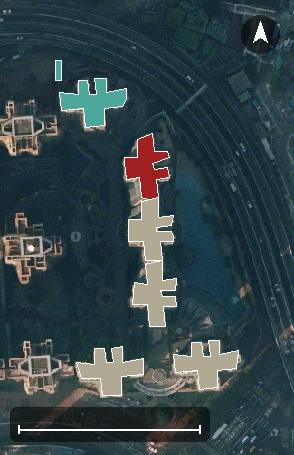 宇晴軒航空影像，7 座樓宇輪廓按風水評分上色，綠色分高、紅色分低