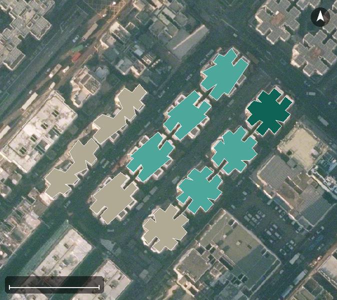 安和園航空影像，10 座樓宇輪廓按風水評分上色，綠色分高、紅色分低