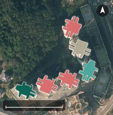 宏景花園航空影像，7 座樓宇輪廓按風水評分上色，綠色分高、紅色分低