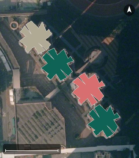 宏福花園航空影像，4 座樓宇輪廓按風水評分上色，綠色分高、紅色分低