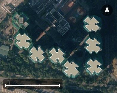 宏福苑航空影像，7 座樓宇輪廓按風水評分上色，綠色分高、紅色分低