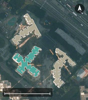 宏緻苑航空影像，3 座樓宇輪廓按風水評分上色，綠色分高、紅色分低
