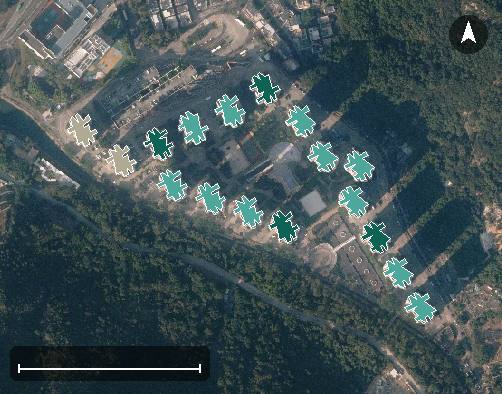 富安花園航空影像，17 座樓宇輪廓按風水評分上色，綠色分高、紅色分低