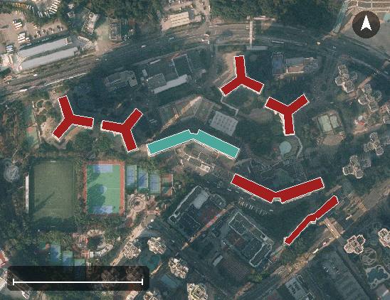 寶林邨航空影像，7 座樓宇輪廓按風水評分上色，綠色分高、紅色分低