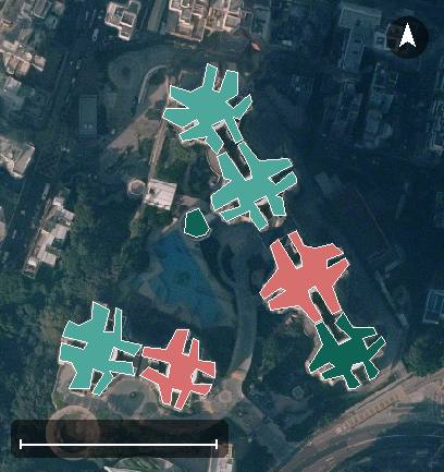 寶翠園航空影像，7 座樓宇輪廓按風水評分上色，綠色分高、紅色分低