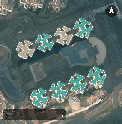 將軍澳廣場航空影像，8 座樓宇輪廓按風水評分上色，綠色分高、紅色分低