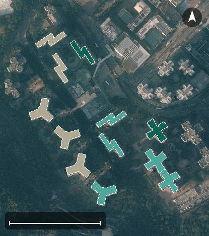 小西灣邨航空影像，12 座樓宇輪廓按風水評分上色，綠色分高、紅色分低
