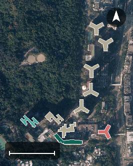 山景邨航空影像，10 座樓宇輪廓按風水評分上色，綠色分高、紅色分低