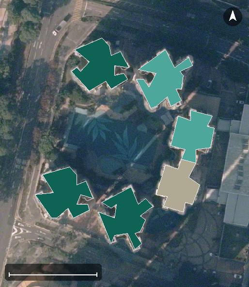 嵐岸航空影像，6 座樓宇輪廓按風水評分上色，綠色分高、紅色分低