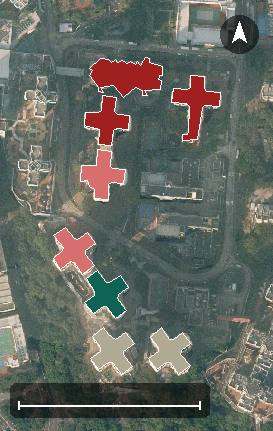 平田邨航空影像，8 座樓宇輪廓按風水評分上色，綠色分高、紅色分低