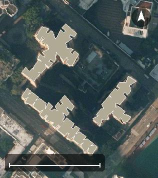 幸福邨航空影像，3 座樓宇輪廓按風水評分上色，綠色分高、紅色分低