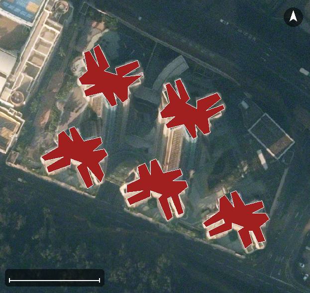 怡沁園航空影像，5 座樓宇輪廓按風水評分上色，綠色分高、紅色分低