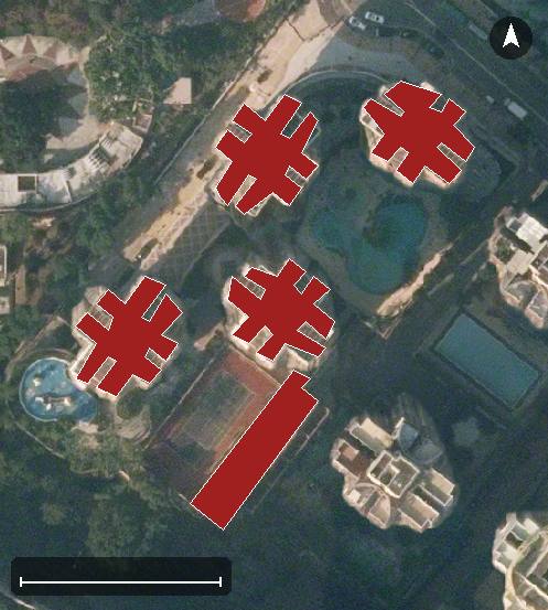 慧安園航空影像，5 座樓宇輪廓按風水評分上色，綠色分高、紅色分低