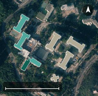 新田圍邨航空影像，8 座樓宇輪廓按風水評分上色，綠色分高、紅色分低