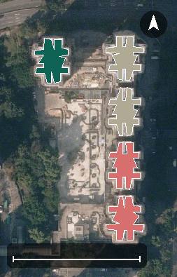 新興花園航空影像，5 座樓宇輪廓按風水評分上色，綠色分高、紅色分低