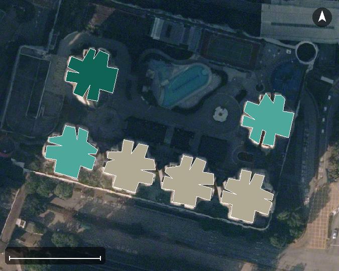 新達廣場航空影像，6 座樓宇輪廓按風水評分上色，綠色分高、紅色分低