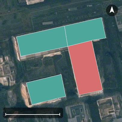 新都城大廈航空影像，4 座樓宇輪廓按風水評分上色，綠色分高、紅色分低