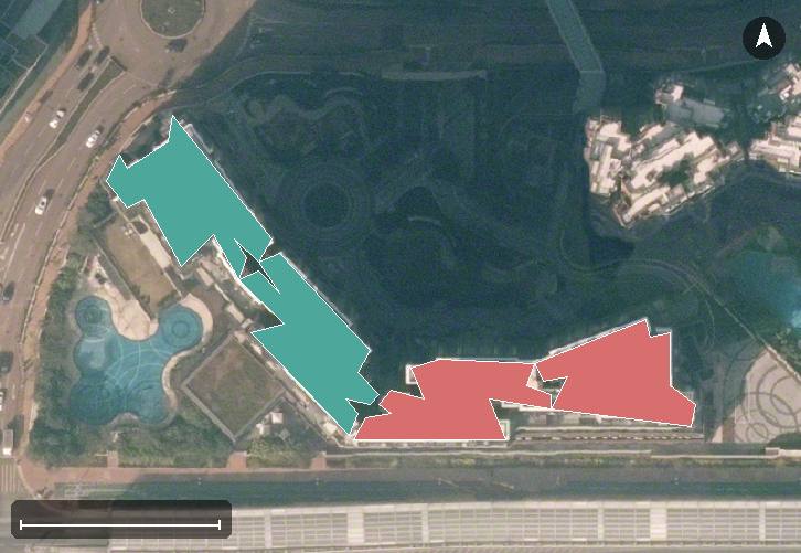 日出康城－LP6航空影像，4 座樓宇輪廓按風水評分上色，綠色分高、紅色分低