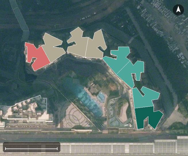 日出康城－晉海航空影像，8 座樓宇輪廓按風水評分上色，綠色分高、紅色分低