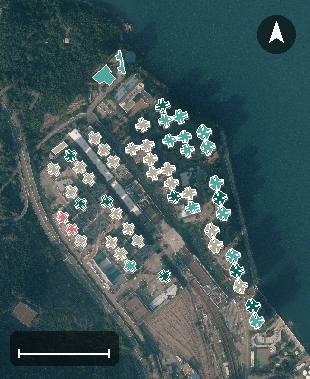 杏花邨航空影像，52 座樓宇輪廓按風水評分上色，綠色分高、紅色分低