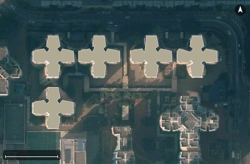 東旭苑航空影像，5 座樓宇輪廓按風水評分上色，綠色分高、紅色分低