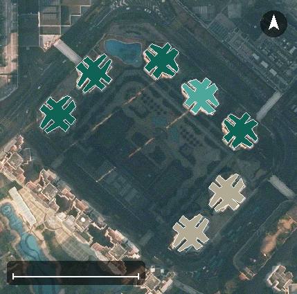 東港城航空影像，7 座樓宇輪廓按風水評分上色，綠色分高、紅色分低