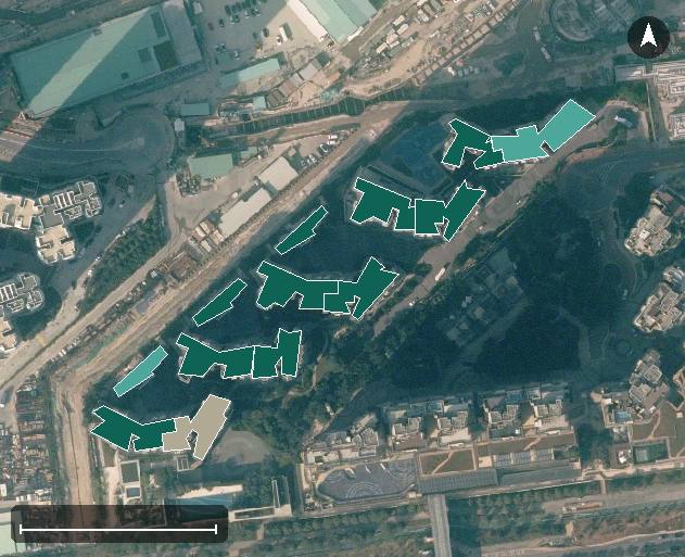 東環航空影像，13 座樓宇輪廓按風水評分上色，綠色分高、紅色分低