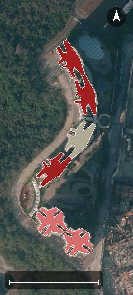 浩景臺航空影像，8 座樓宇輪廓按風水評分上色，綠色分高、紅色分低