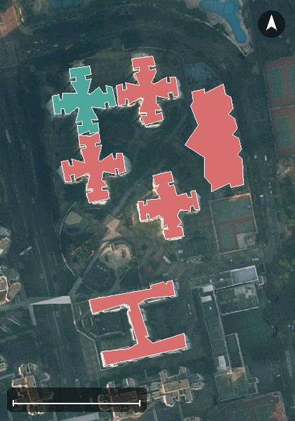 海富苑航空影像，6 座樓宇輪廓按風水評分上色，綠色分高、紅色分低