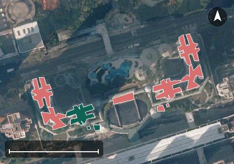 海柏花園航空影像，11 座樓宇輪廓按風水評分上色，綠色分高、紅色分低