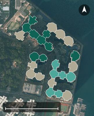 海逸豪園航空影像，25 座樓宇輪廓按風水評分上色，綠色分高、紅色分低