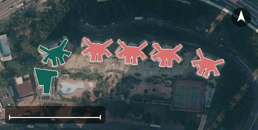 海韻花園航空影像，11 座樓宇輪廓按風水評分上色，綠色分高、紅色分低