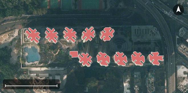 港灣豪庭航空影像，11 座樓宇輪廓按風水評分上色，綠色分高、紅色分低