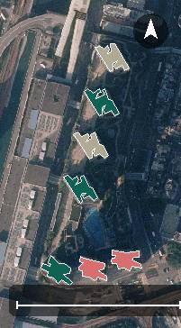 瓏門航空影像，7 座樓宇輪廓按風水評分上色，綠色分高、紅色分低