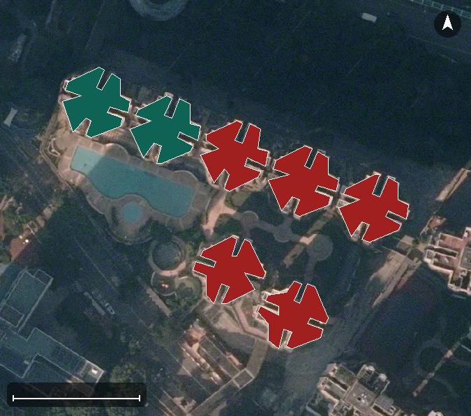 碧湖花園航空影像，7 座樓宇輪廓按風水評分上色，綠色分高、紅色分低