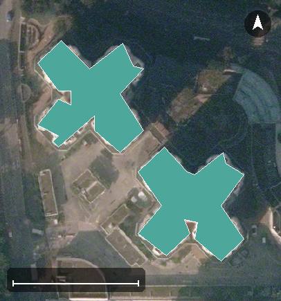 祥龍圍邨航空影像，2 座樓宇輪廓按風水評分上色，綠色分高、紅色分低