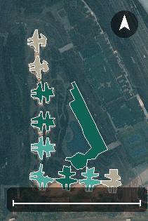 維港灣航空影像，10 座樓宇輪廓按風水評分上色，綠色分高、紅色分低