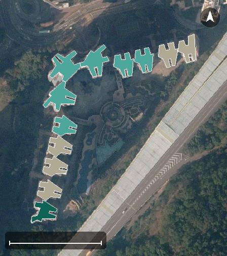 翠擁華庭航空影像，12 座樓宇輪廓按風水評分上色，綠色分高、紅色分低