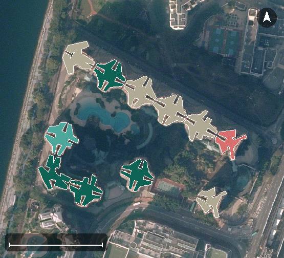 聽濤雅苑航空影像，11 座樓宇輪廓按風水評分上色，綠色分高、紅色分低