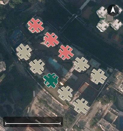 花都廣場航空影像，10 座樓宇輪廓按風水評分上色，綠色分高、紅色分低