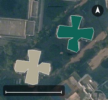 茵翠苑航空影像，2 座樓宇輪廓按風水評分上色，綠色分高、紅色分低
