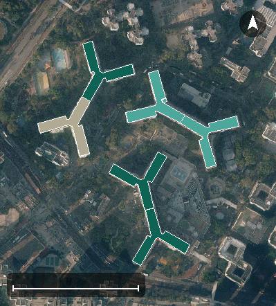 蝴蝶邨航空影像，7 座樓宇輪廓按風水評分上色，綠色分高、紅色分低