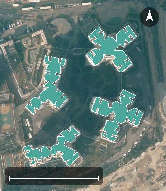 迎東邨航空影像，4 座樓宇輪廓按風水評分上色，綠色分高、紅色分低